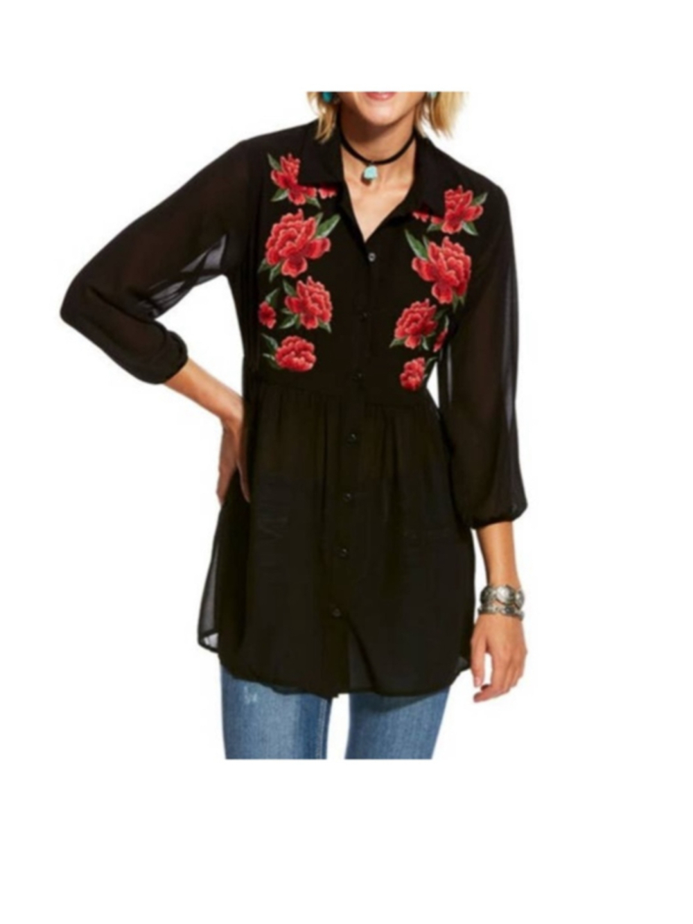 Ariat Rosey Tunic Top Embroidered Roses Button Front Semi Sheer Size Large